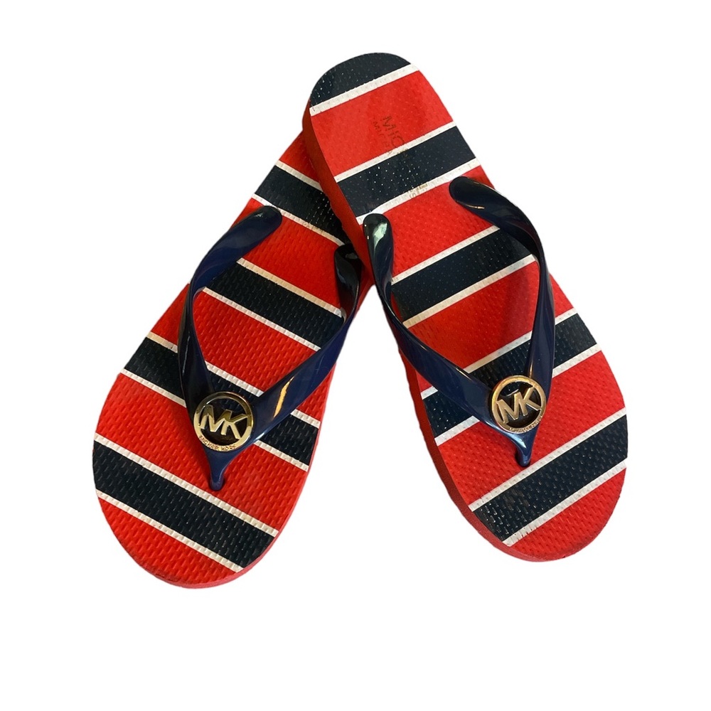 {Michael Kors} Patriotic Thong Flip Flop Sandals Red White Blue Gold Women’s 7